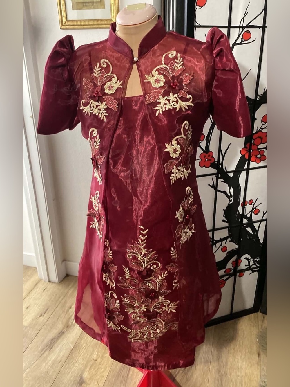 Embroidered Floral Filipiniana Organza Maroon Women's Dress Set with Long Bolero